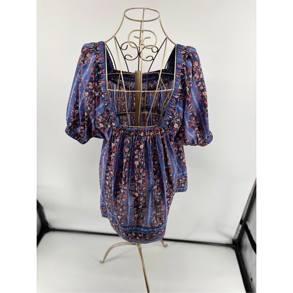 FREE PEOPLE VINTAGE LOVER BLOUSE 100% COTTON FLORAL DUTCH BLUE SIZE Small Womens - Picture 11 of 13